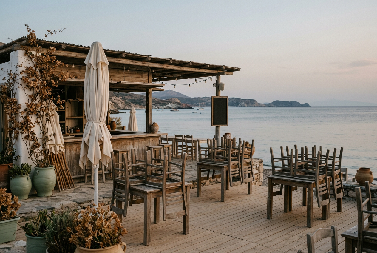 Terraza junto al mar a final de temporada, con las sillas apiladas sobre las mesas y una sombrilla cerrada
